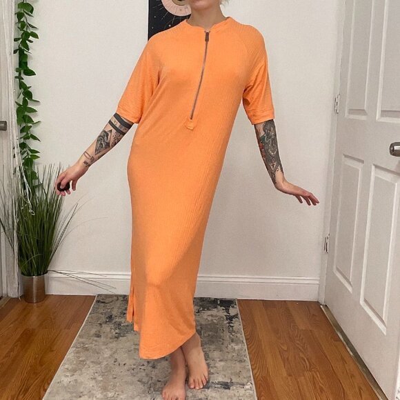 Free People Short Sleeve Zip Front Ribbed Midi Dress Size S Orange - Picture 1 of 7